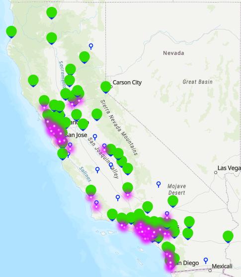 Map of California community college locations with climate curriculum landscape analysis